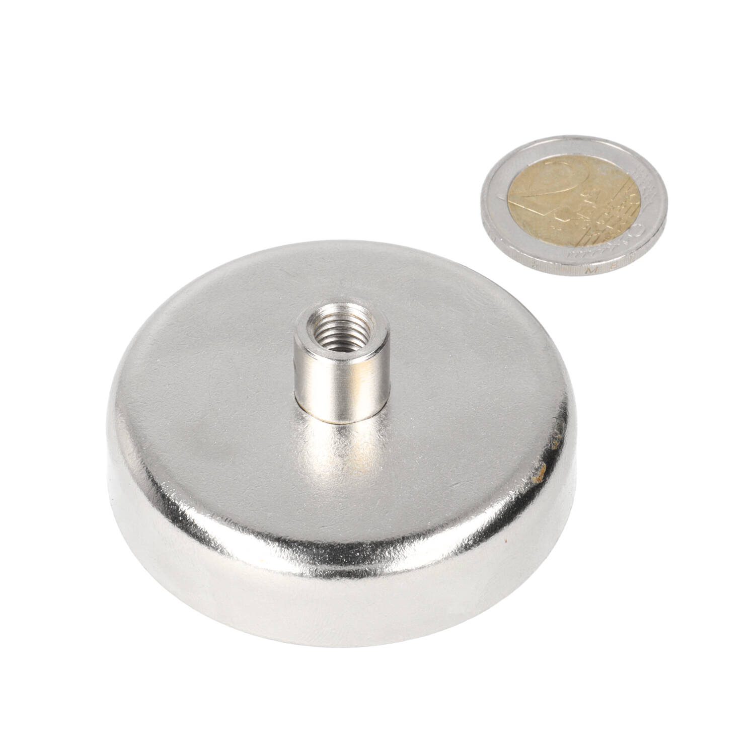 Neodym Topfmagnet 60 x 15 mm, N40, im Stahltopf, vernickelt (NiCuNi), mit Innengewinde M8
