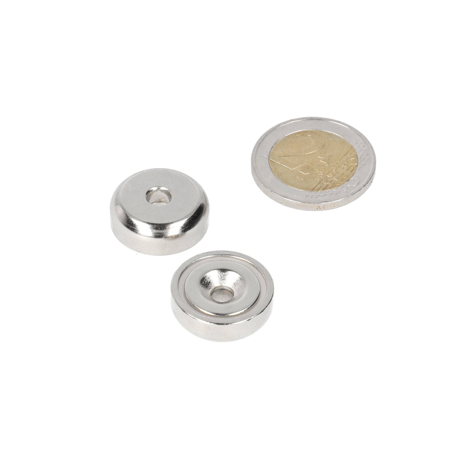 Neodym Topfmagnet 20 x 6 mm, N40, im Stahltopf, vernickelt (NiCuNi) Bohrung und Senkung