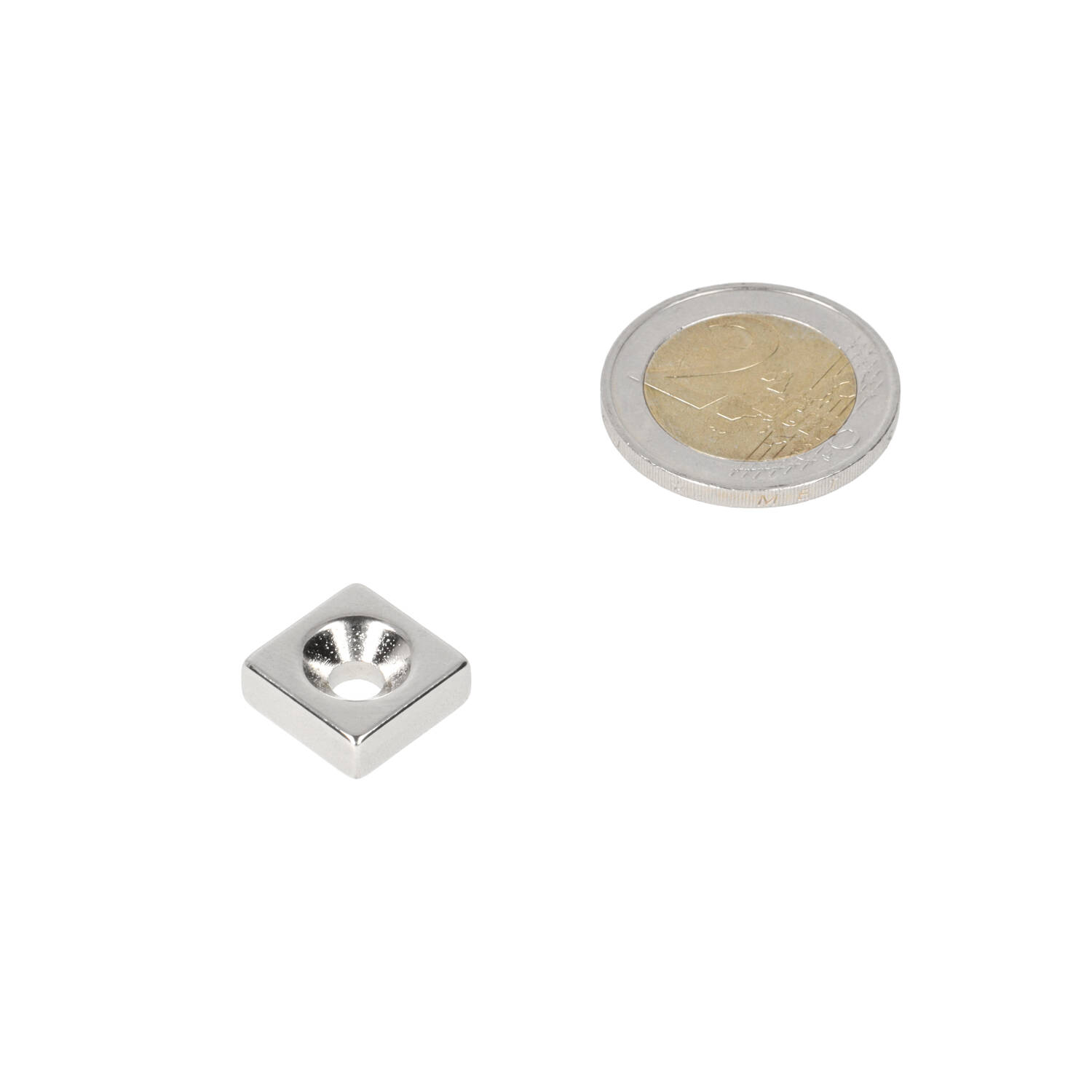 Neodymium – Blokmagneet – met boor-/verzinkgat – 13,5 x 13,5 x 5 mm – N48 – NiCuNi – Zuid Pool