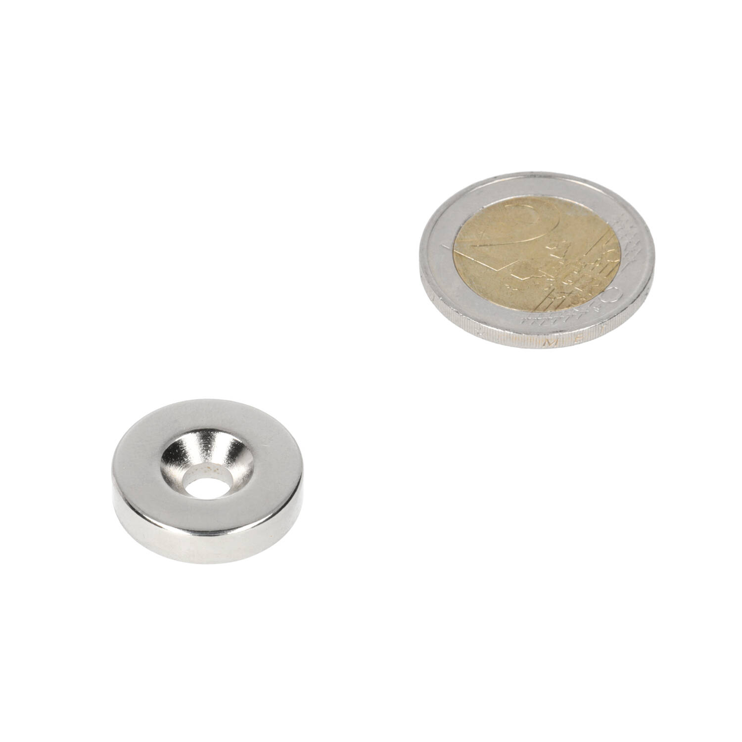 Neodymium – Ringmagnet – mit Bohr-/Senkloch– 20 x 9,8 x 5,1 x 5 mm – N35 – NiCuNi – Nordpol