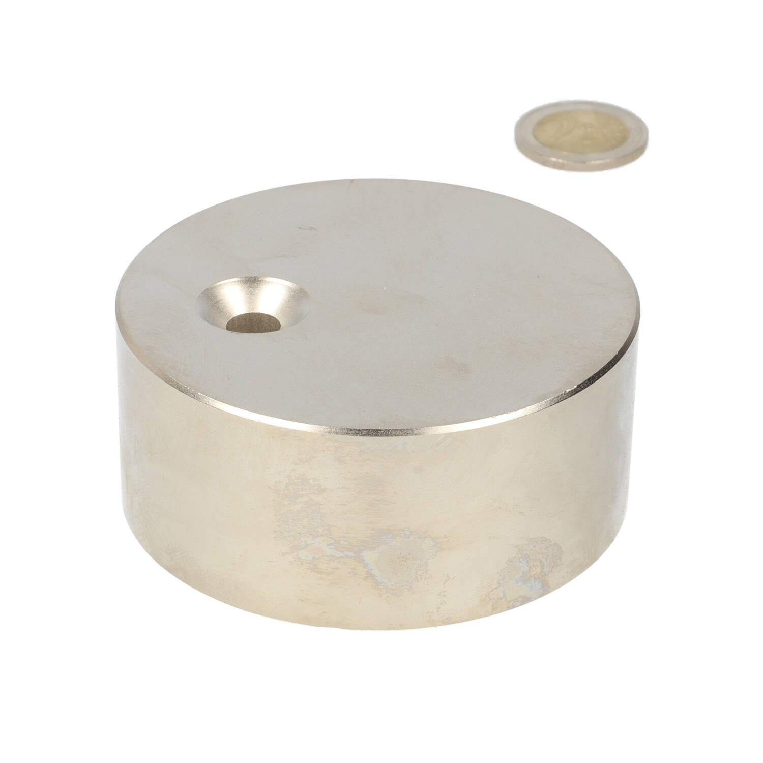 Neodym Scheibenmagnet Ø80 x 35 mm, N48, vernickelt (NiCuNi), mit Senkbohrung