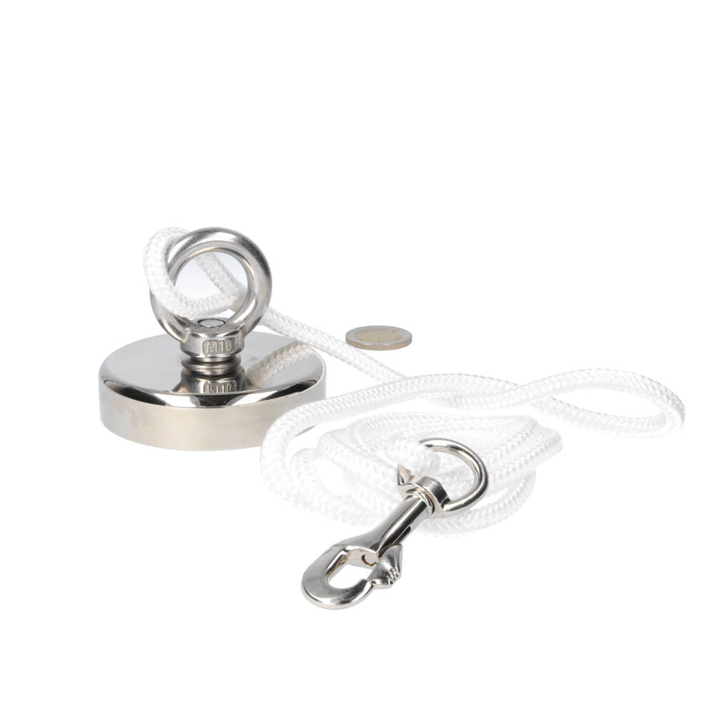 Neodym Bergemagnet Ø75 x 20 mm 175 kg Haftkraft, vernickelt (NiCuNi) Set inkl.: Seil 20 m, Ringmutter, Schraube, Karabiner