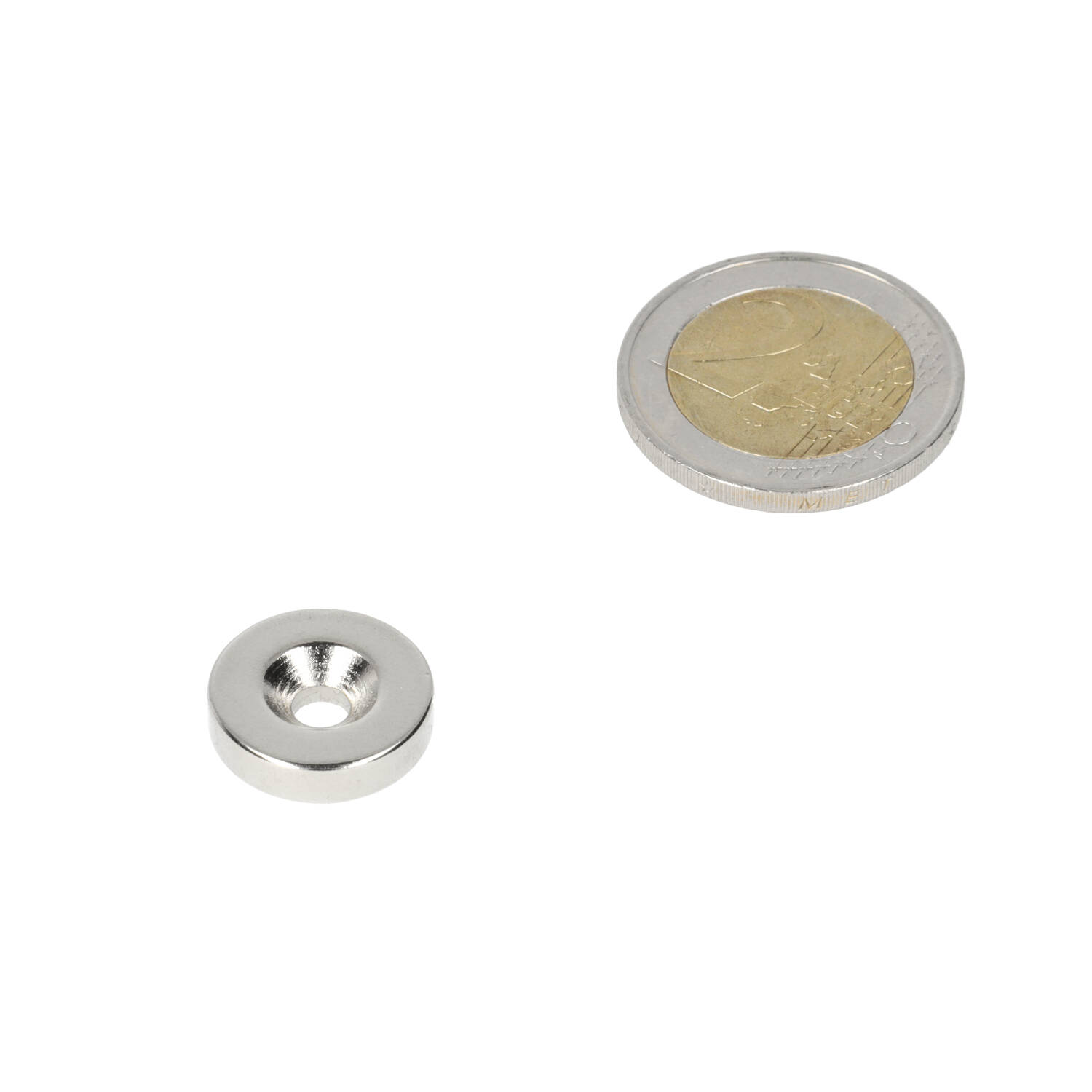 Neodymium – Ringmagnet – mit Bohr-/Senkloch– 16 x 8,1 x 4,1 x 4 mm – N35 – NiCuNi – Nordpol