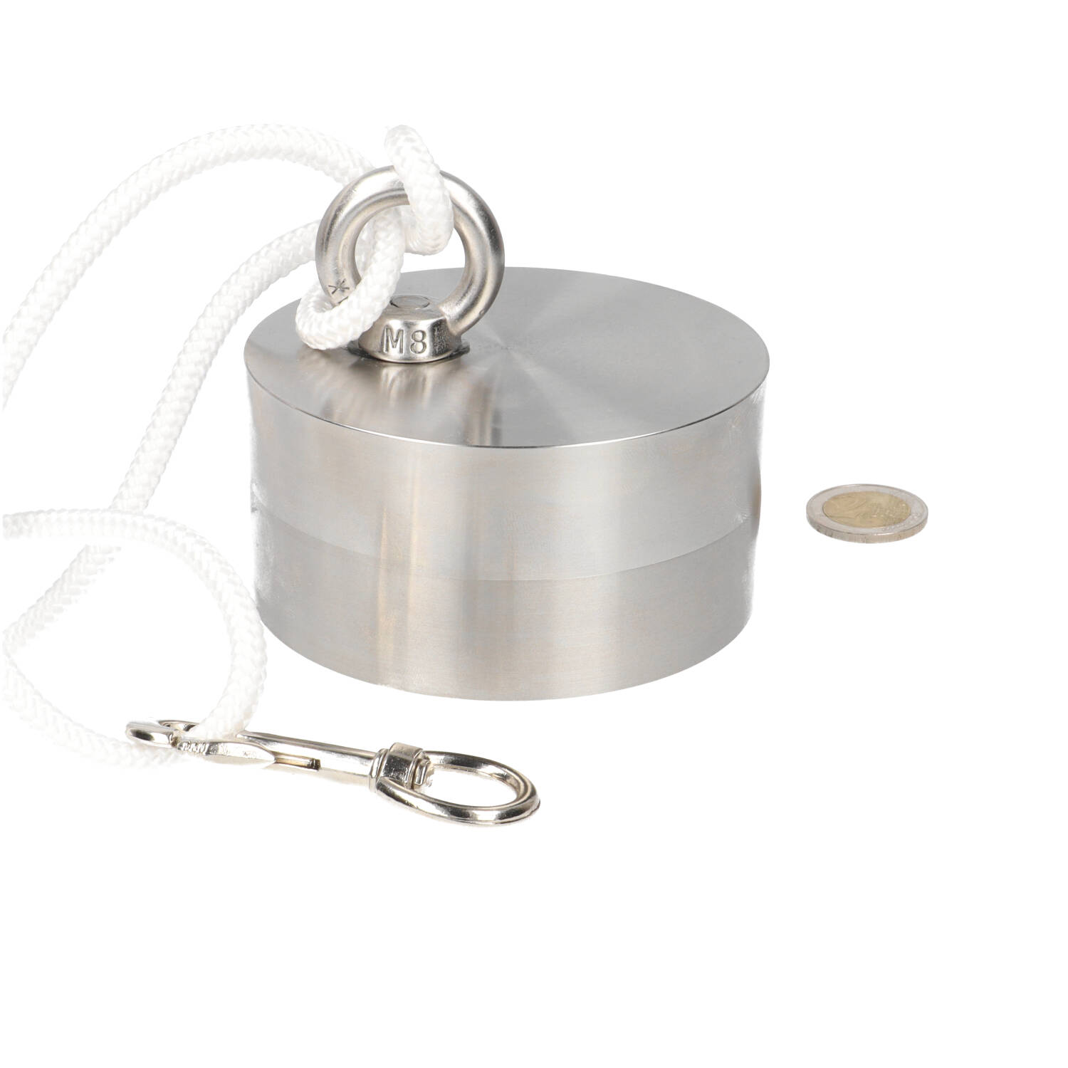 Neodym Bergemagnet Ø100 x 50 mm 500 kg Haftkraft, vernickelt (NiCuNi) Set inkl.: Seil 50 m, Ringmutter, Schraube, Karabiner