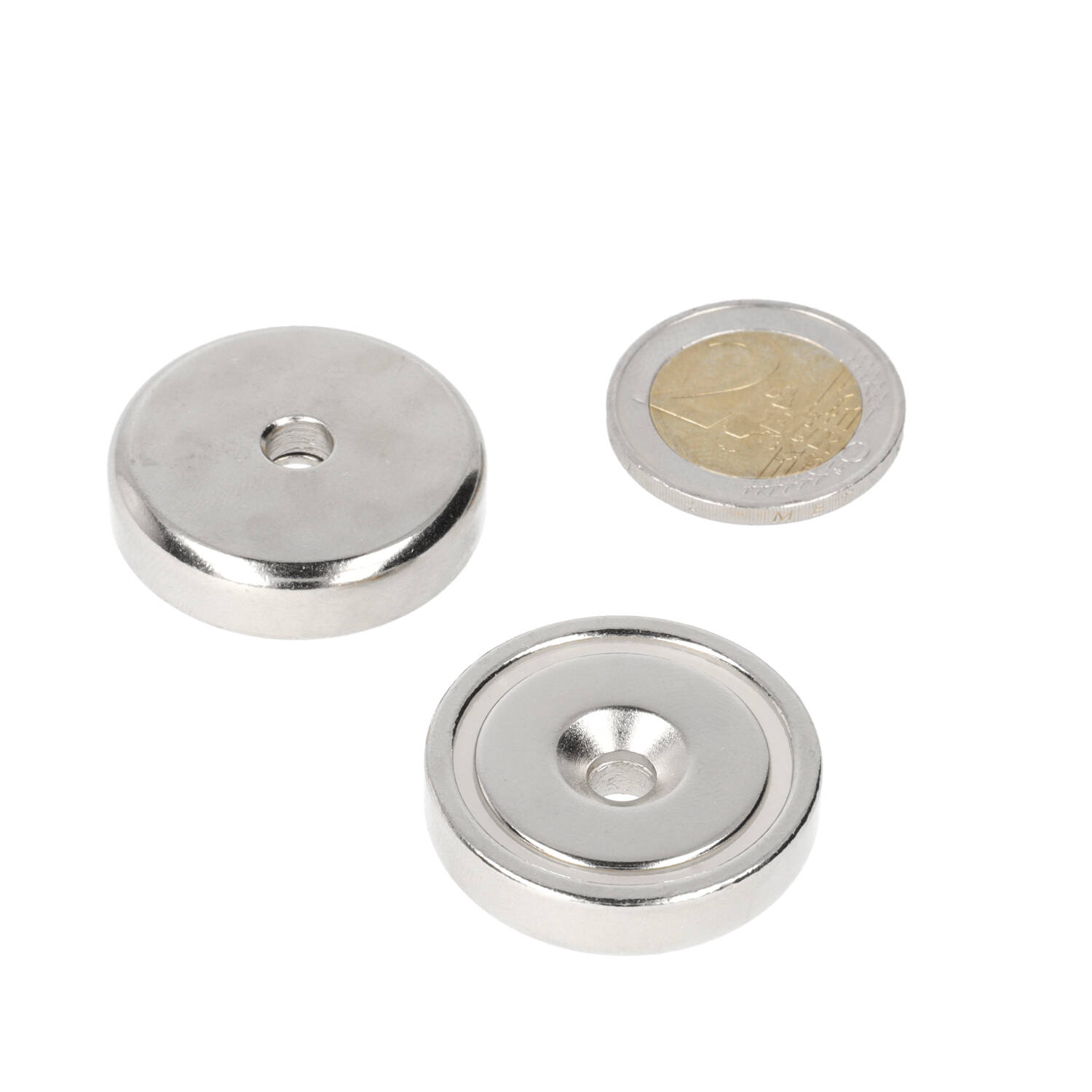 Neodym Topfmagnet 32 x 7 mm, N40, im Stahltopf, vernickelt (NiCuNi) Bohrung und Senkung