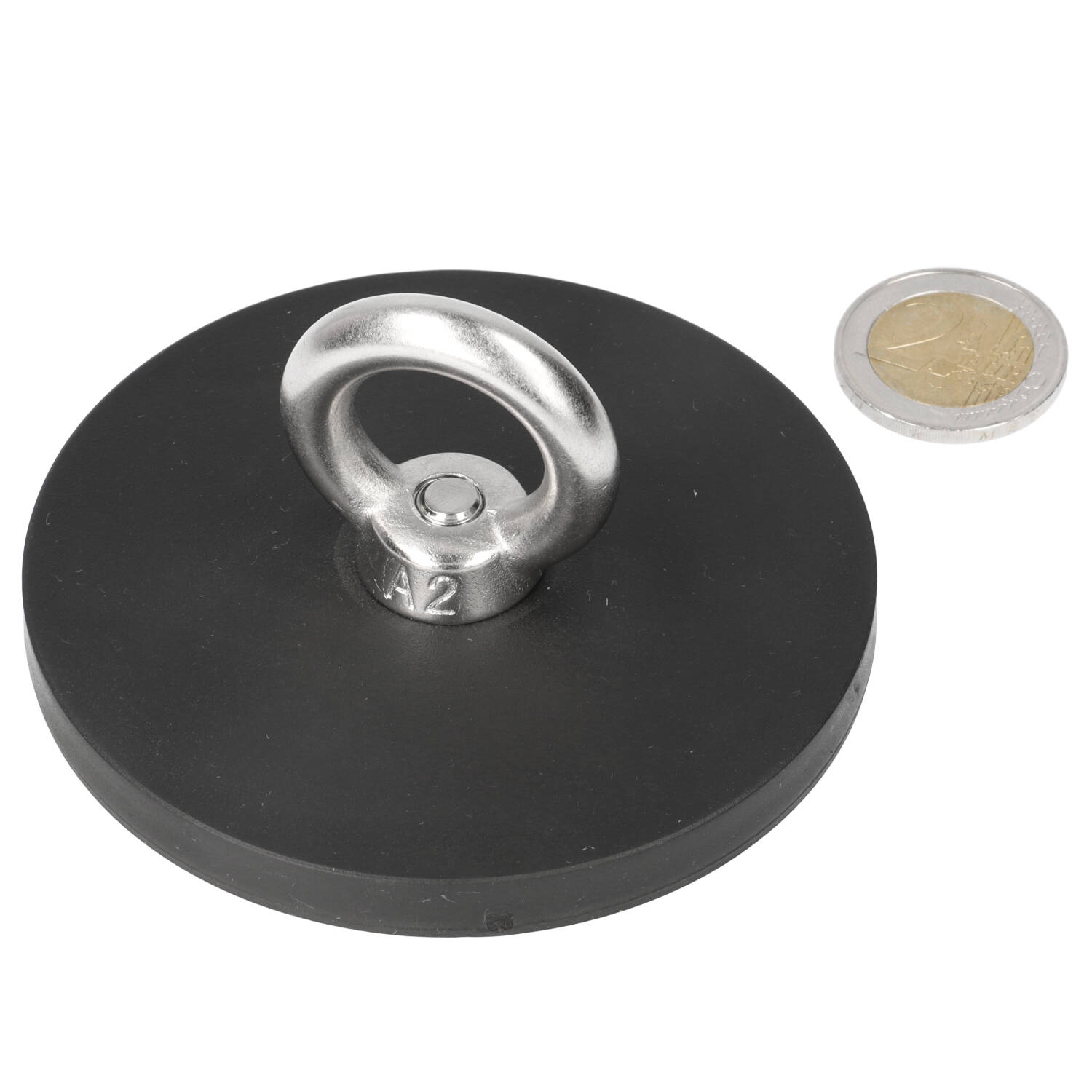 Neodym – Ösenmagnet – Ø88 mm – N40 – Stahltopf – gummiert – Öse aus Edelstahl