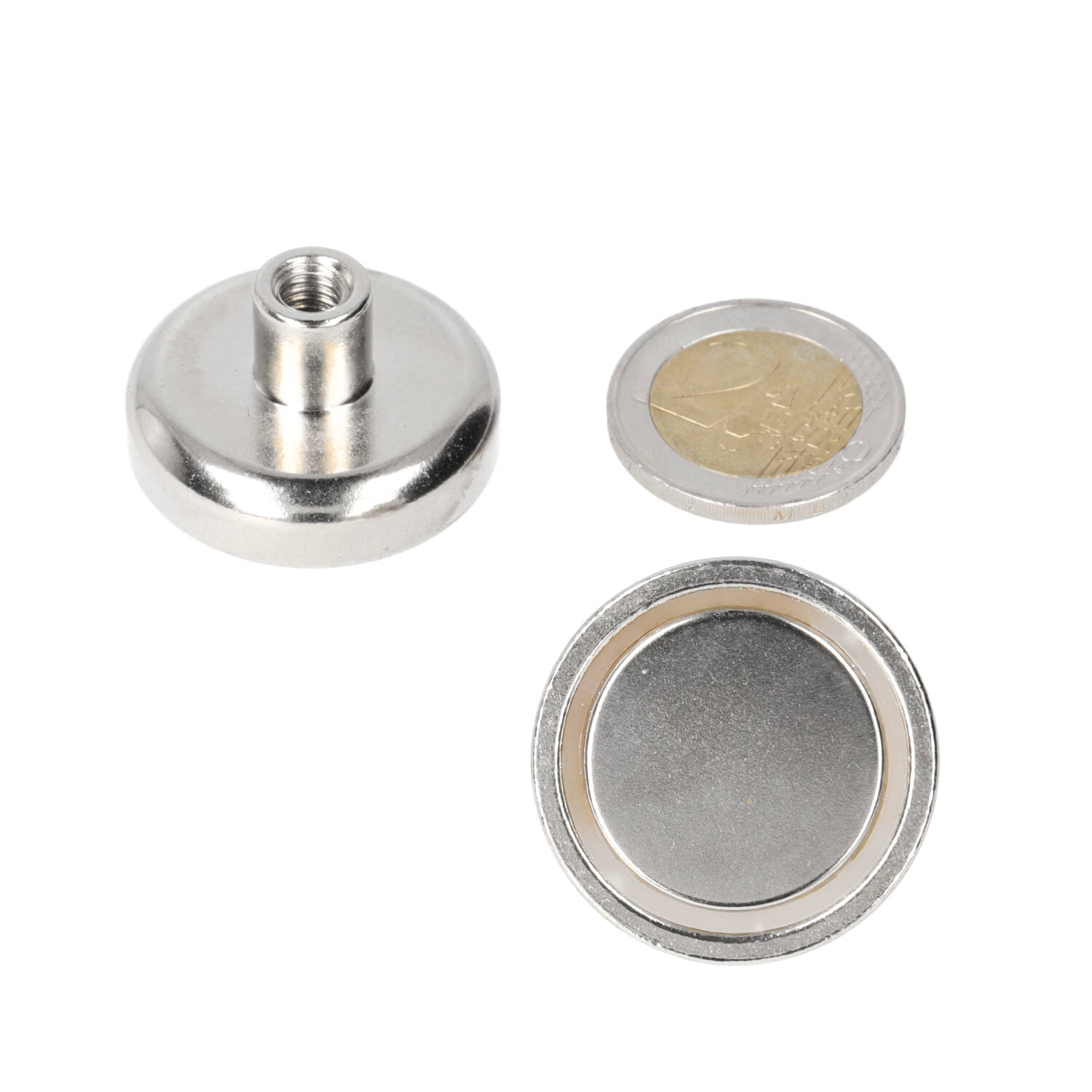 Neodym Topfmagnet 32 x 8 mm, N40, im Stahltopf, vernickelt (NiCuNi), mit Gewindebuchse - Innengewinde M6