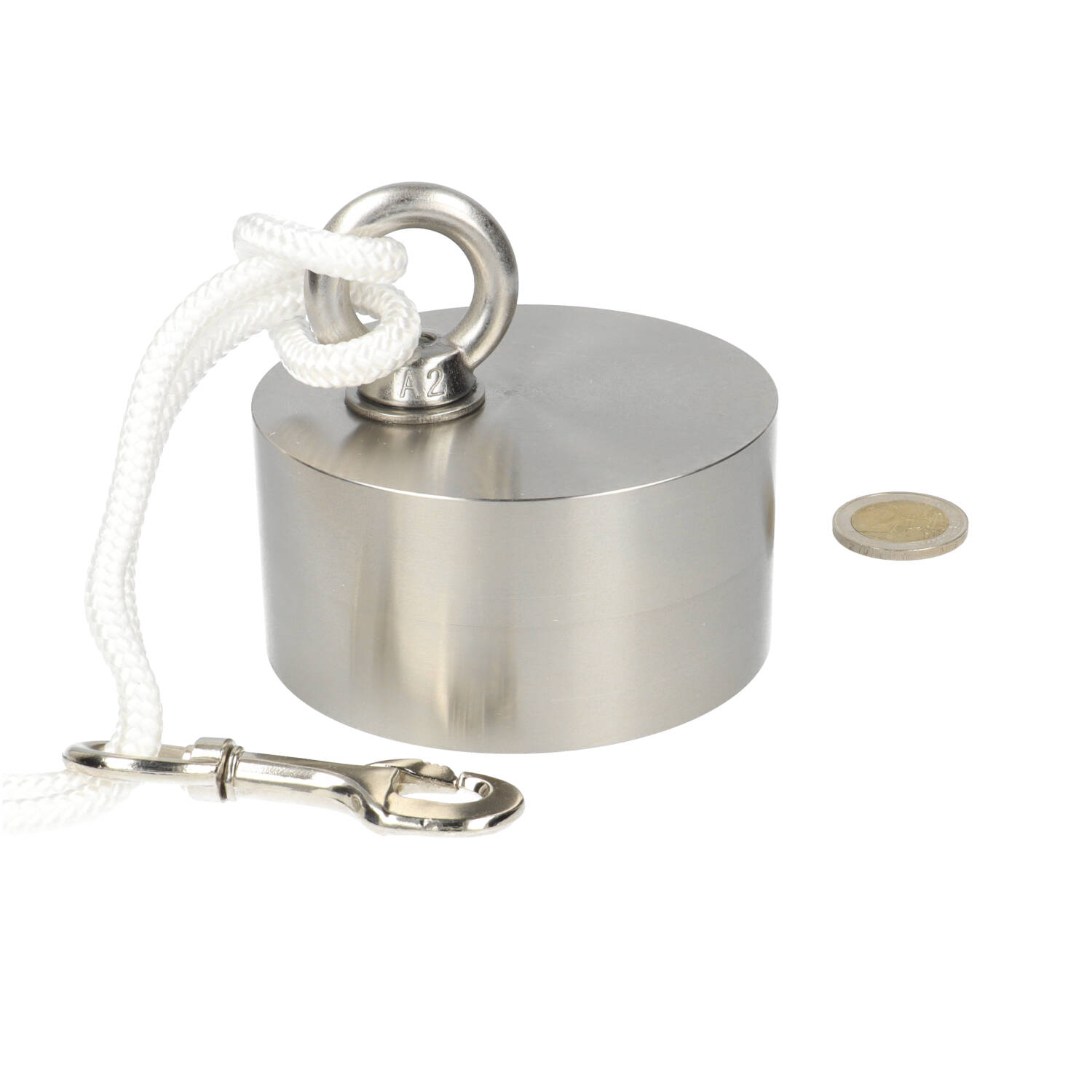 Neodym Bergemagnet Ø90 x 45 mm 360 kg Haftkraft, vernickelt (NiCuNi) Set inkl.: Seil 45 m, Ringmutter, Schraube, Karabiner