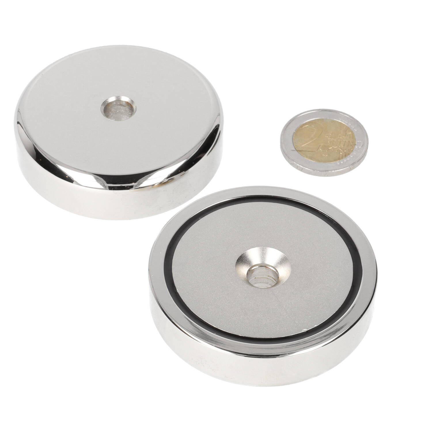 Neodym Topfmagnet 60 x 15 mm, N40, im Stahltopf, vernickelt (NiCuNi) Bohrung und Senkung
