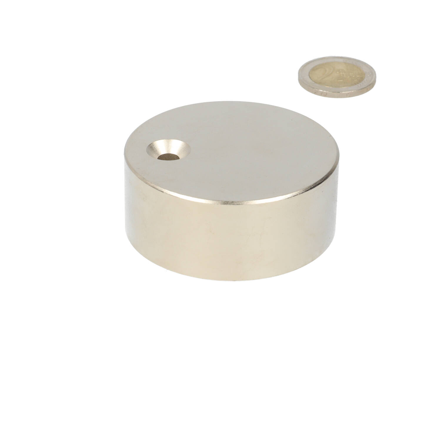 Neodym Scheibenmagnet ⌀60 x 25 mm, N48, vernickelt (NiCuNi), mit Senkbohrung